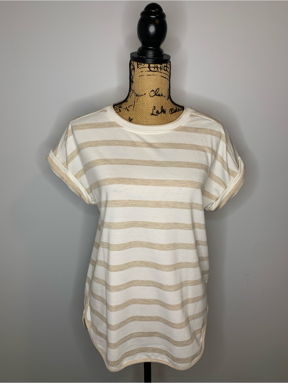 Cupio Striped Rolled Short Sleeve Beige Trimmed Top